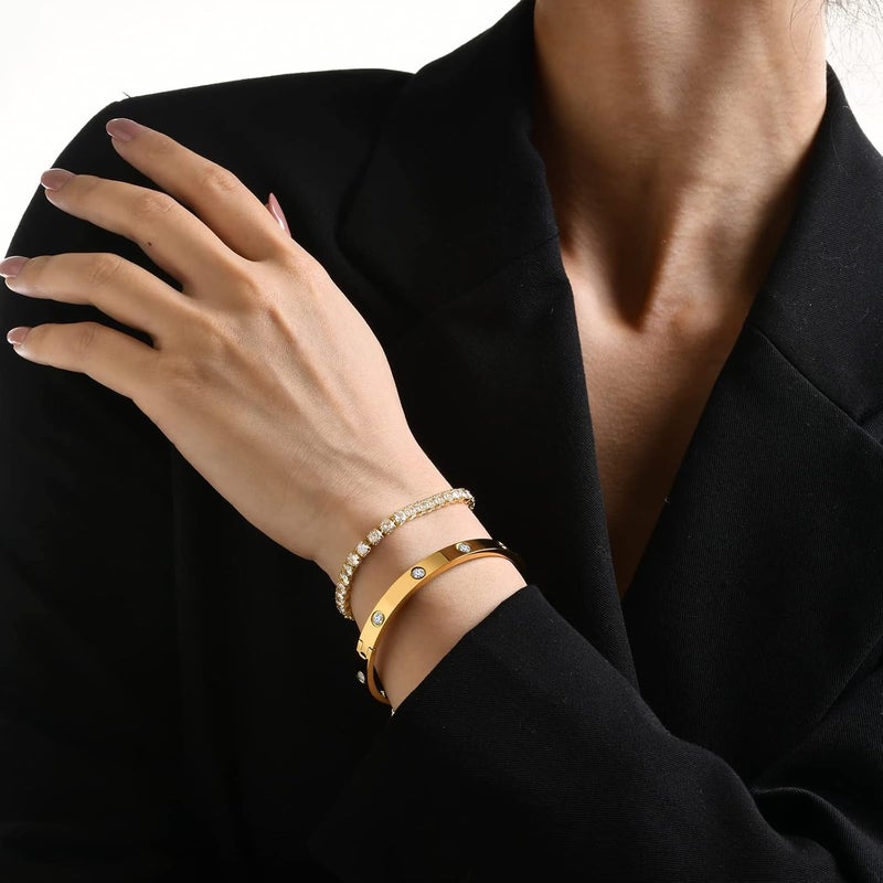 MPRAINBOW 2pcs 18K Gold Plated Chain Link Bracelet, Stainless Steel Crystal Friendship Bracelets Bangle,Watch Band Chains Wristband Jewelry with Adjust Tool - Image 5